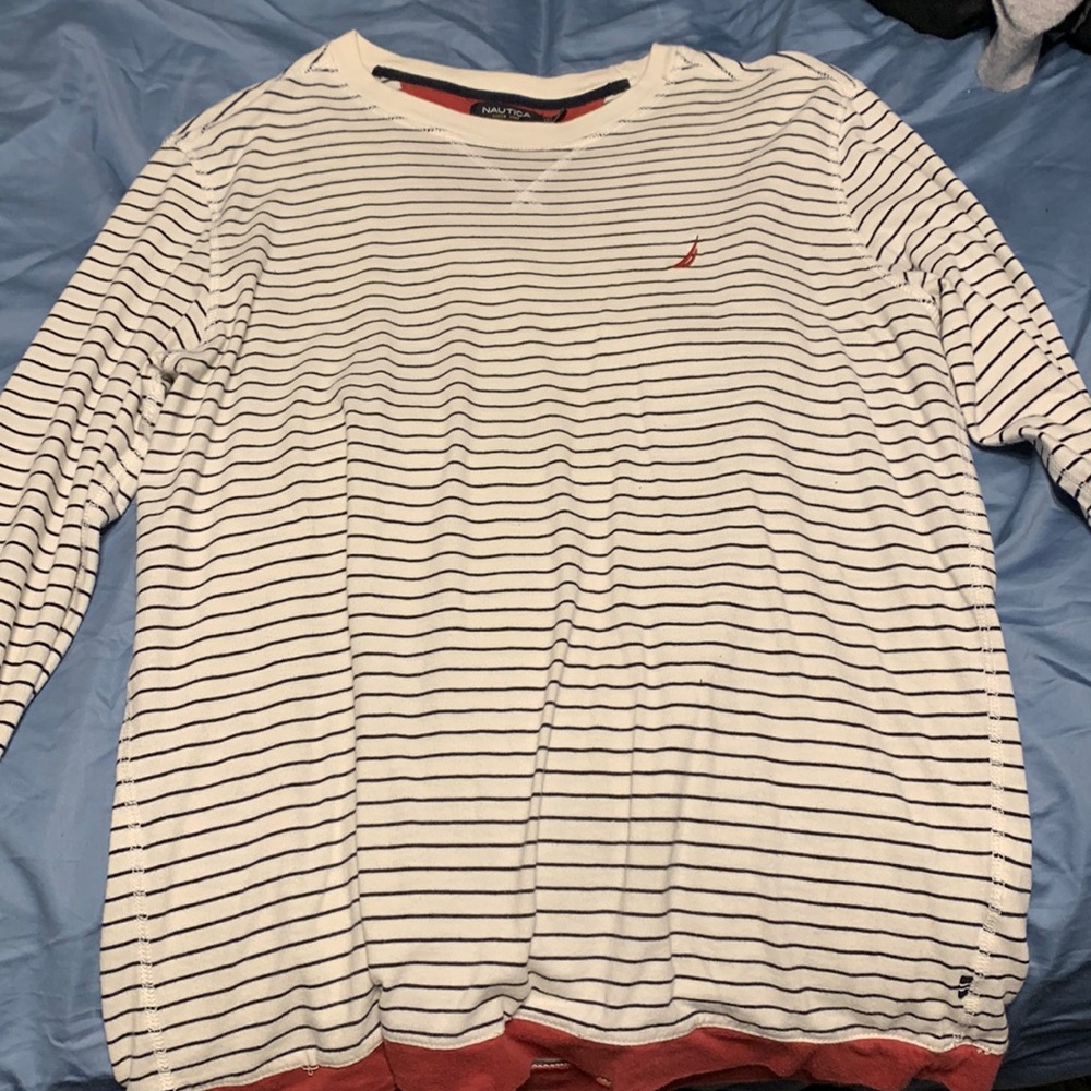 Nautica black and white striped long sleeve with a bit of red
